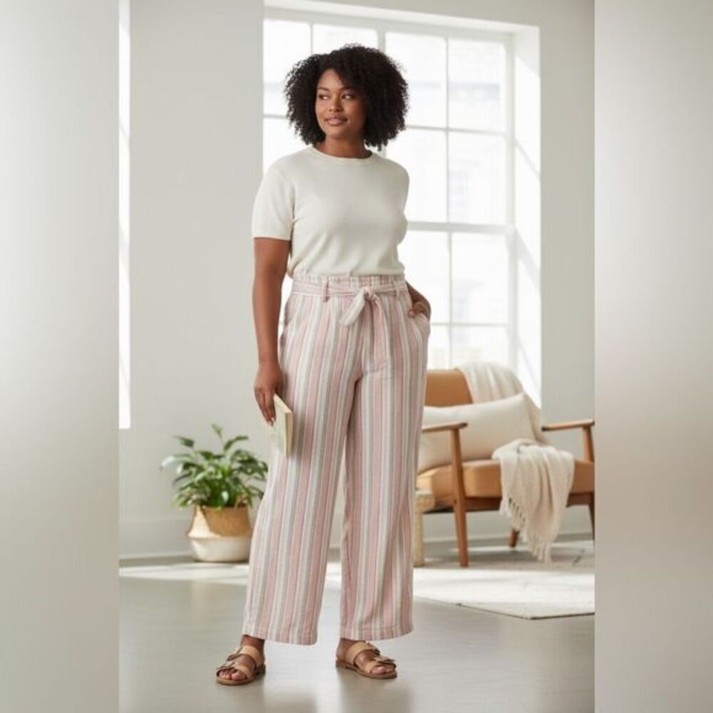 NWT Land & Sea Women’s Striped Pink and White  Boho Wide Leg Crop Pants - Size L